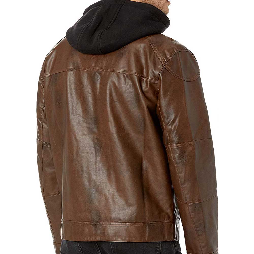The back side of the removable hooded, leather motorcycle jacket for men’s