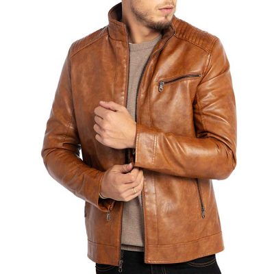 men's brown stand up collar leather jacket
