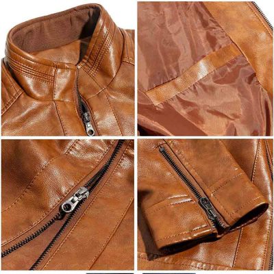 men's brown stand up collar leather jacket