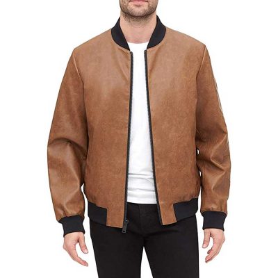 Brown men's genuine leather bomber jacket