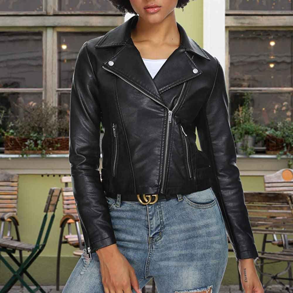 Adjustable toggle at waistline on black leather biker jacket for women