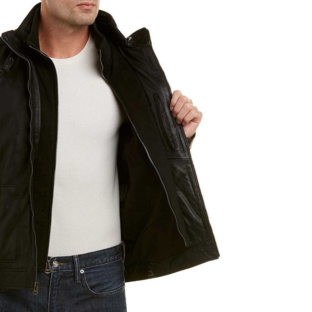 black hooded leather jacket for men