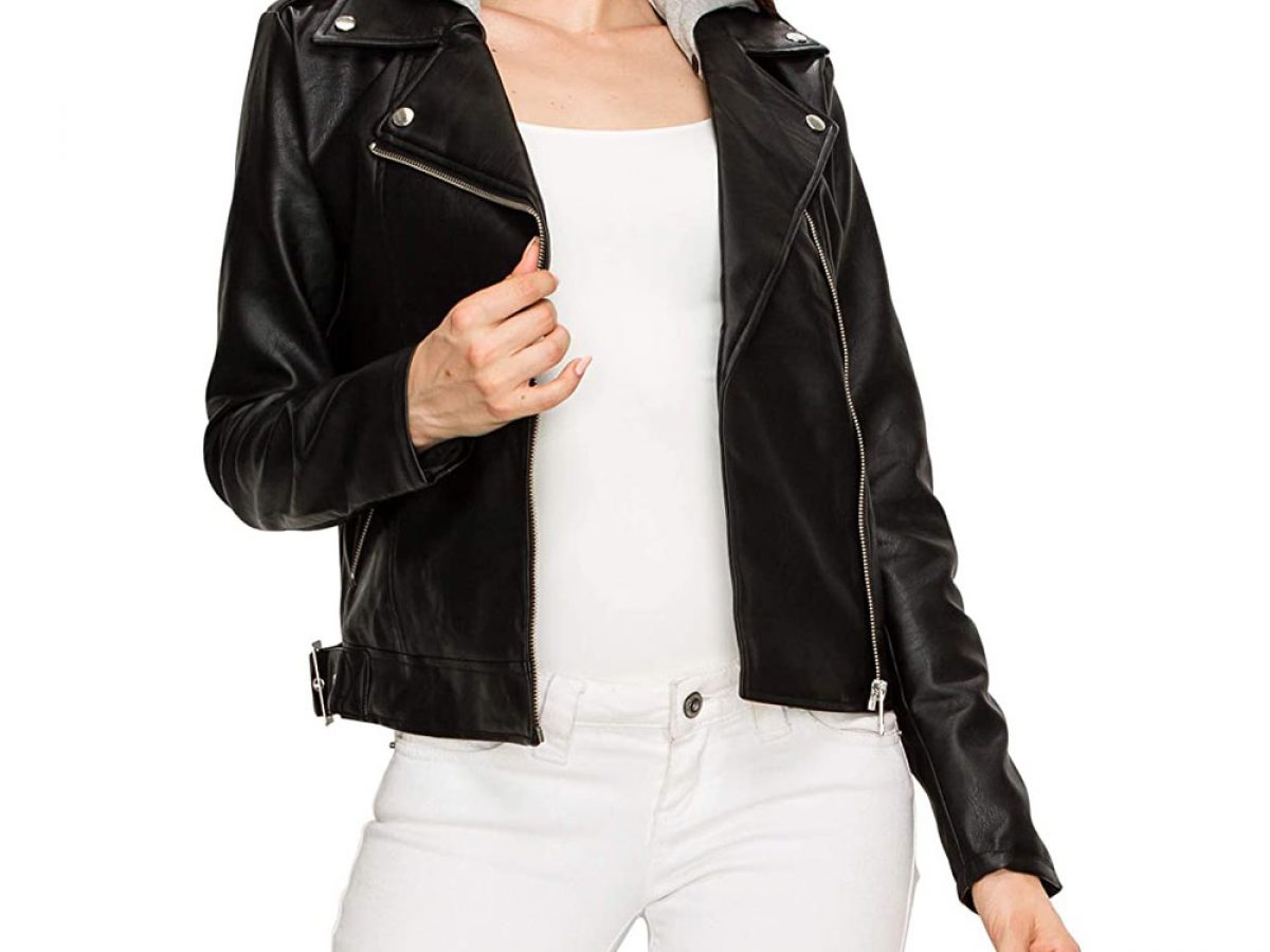 Black Rivet Leather Jacket With Hood for Women's - Jacket Empire
