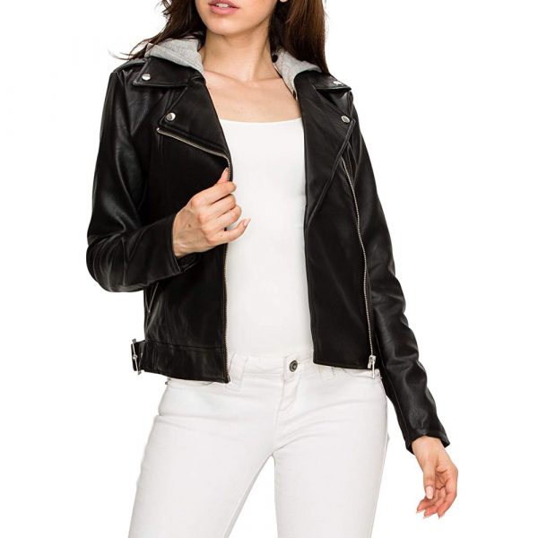 black rivet leather jacket with hood for women
