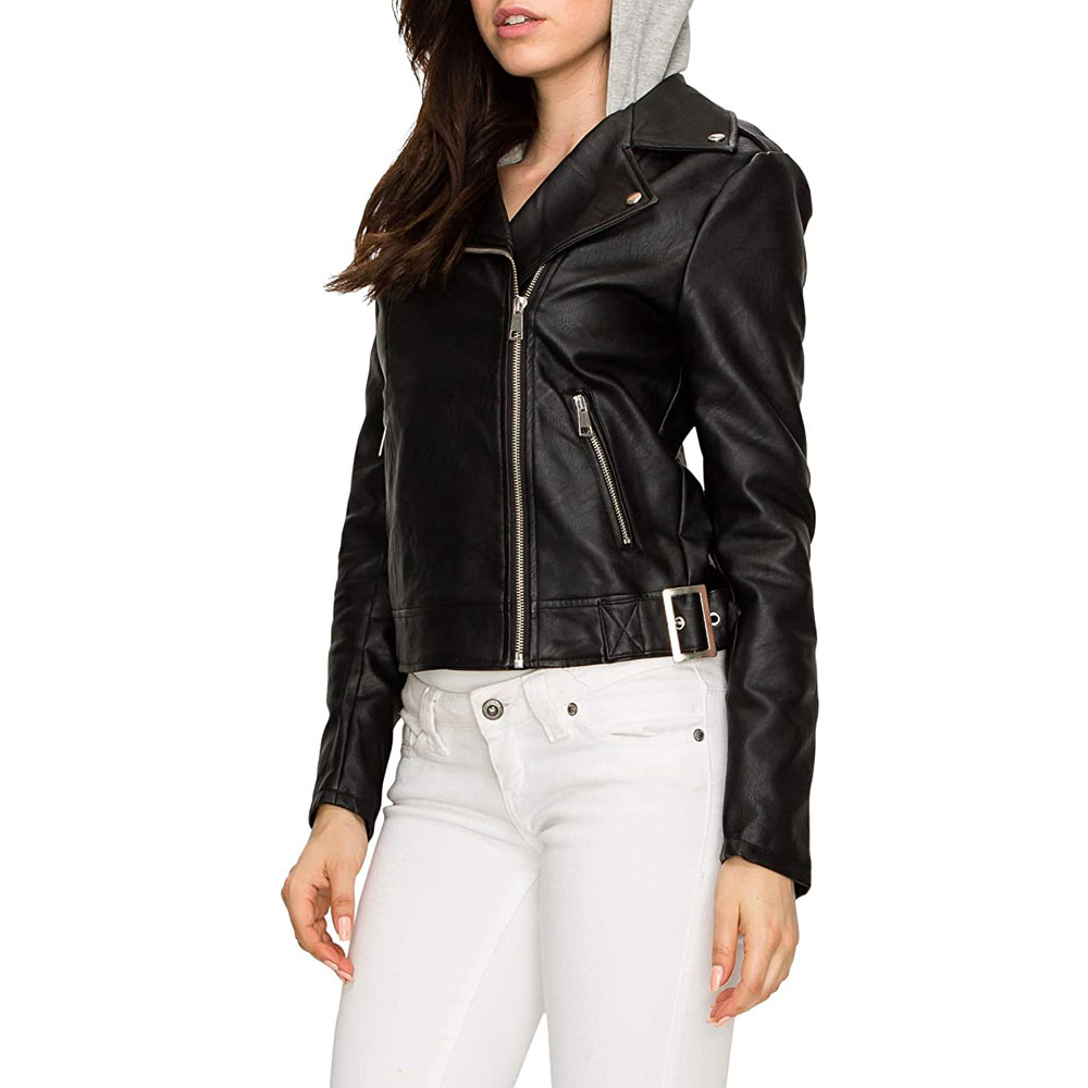 black rivet leather jacket with hood for women