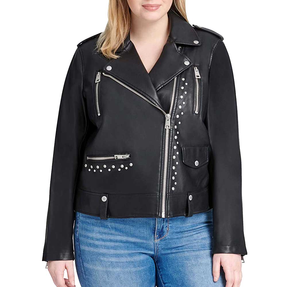 Plus-Size Black Studded Leather Jacket - Side View