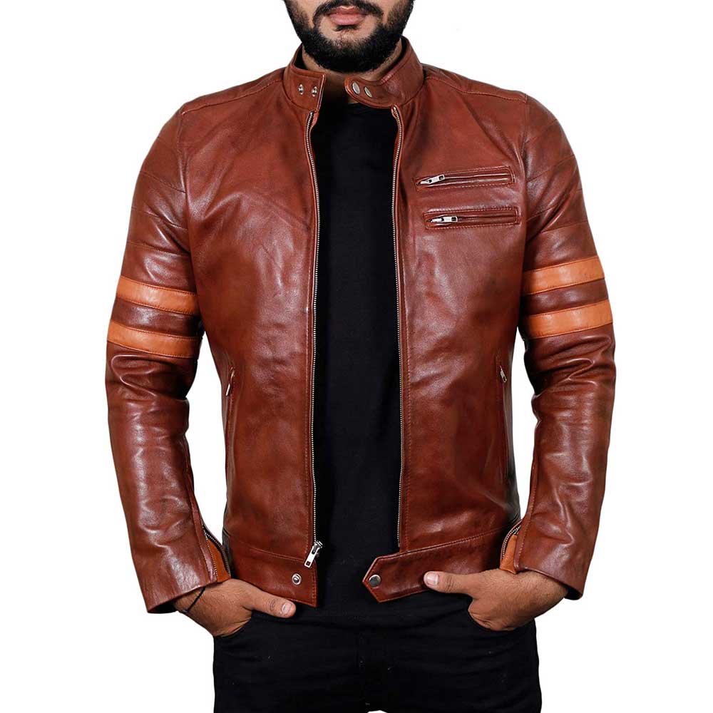 Stylish brown leather jacket with stripes on sleeves