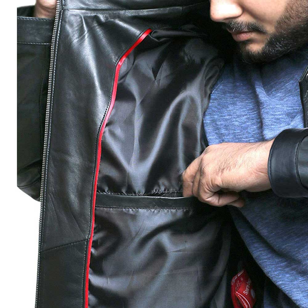 The polyester lining of brown biker leather jacket