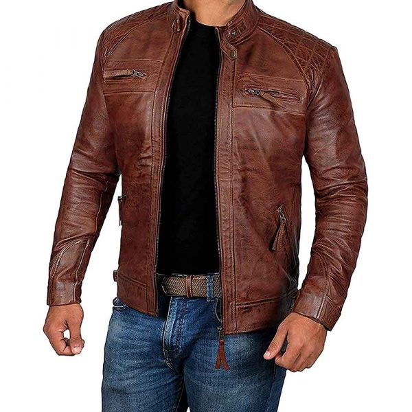 brown leather cafe racer jacket