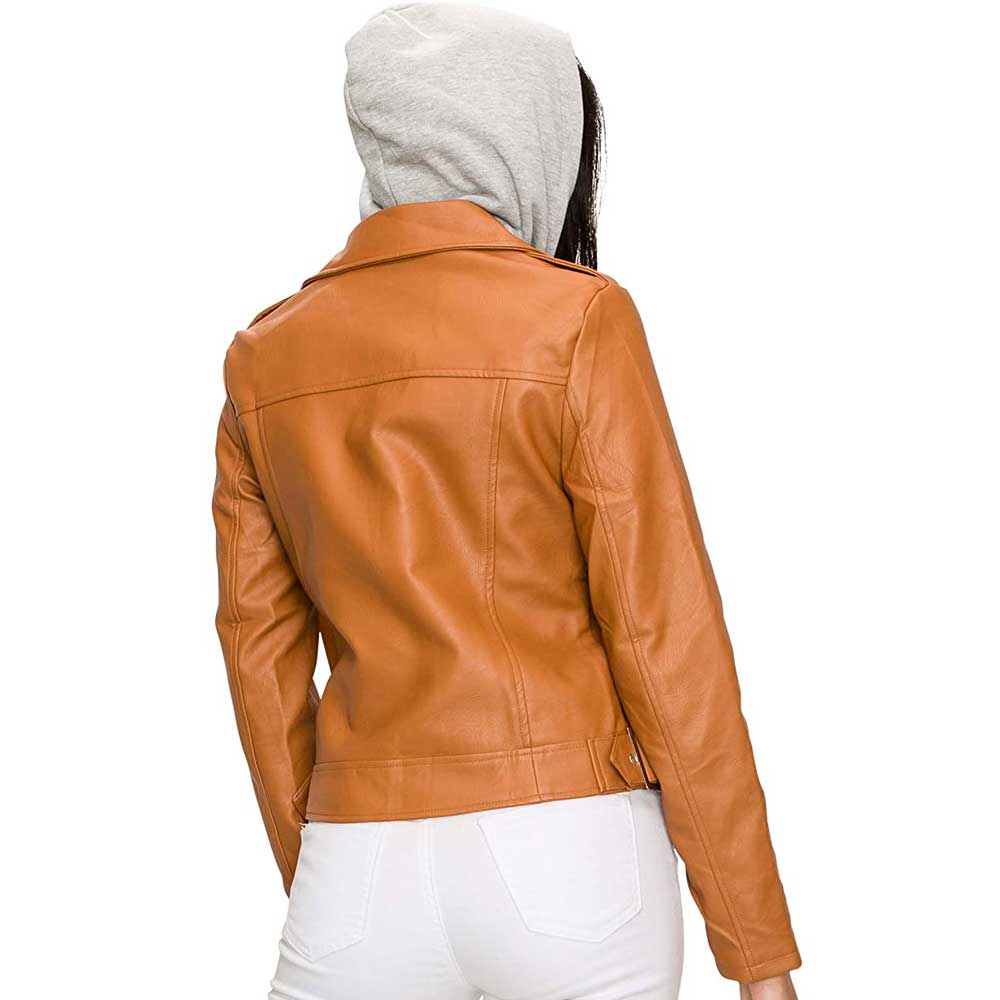 Contemporary Brown Leather Jacket with Hood for Women - Versatile Fashion Statement
