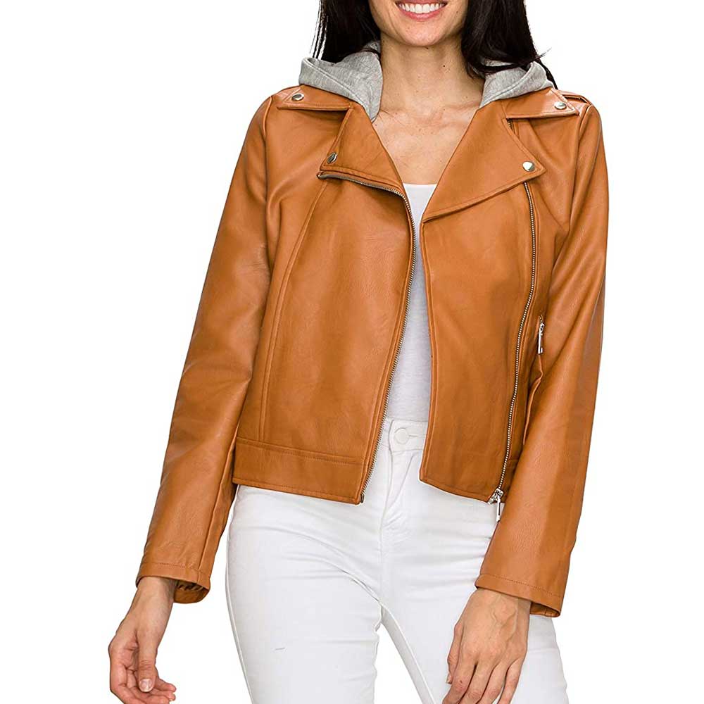 Sophisticated Women's Leather Jacket with Hood - Brown Elegance and Lasting Durability