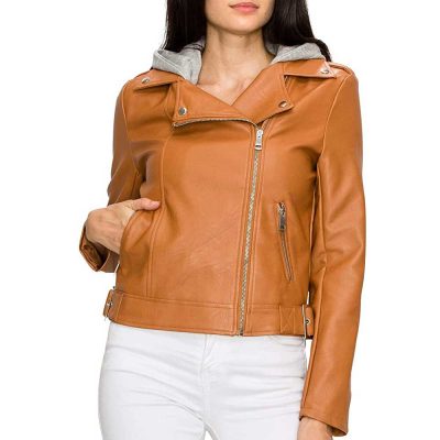 brown rivet leather jacket with hood for women