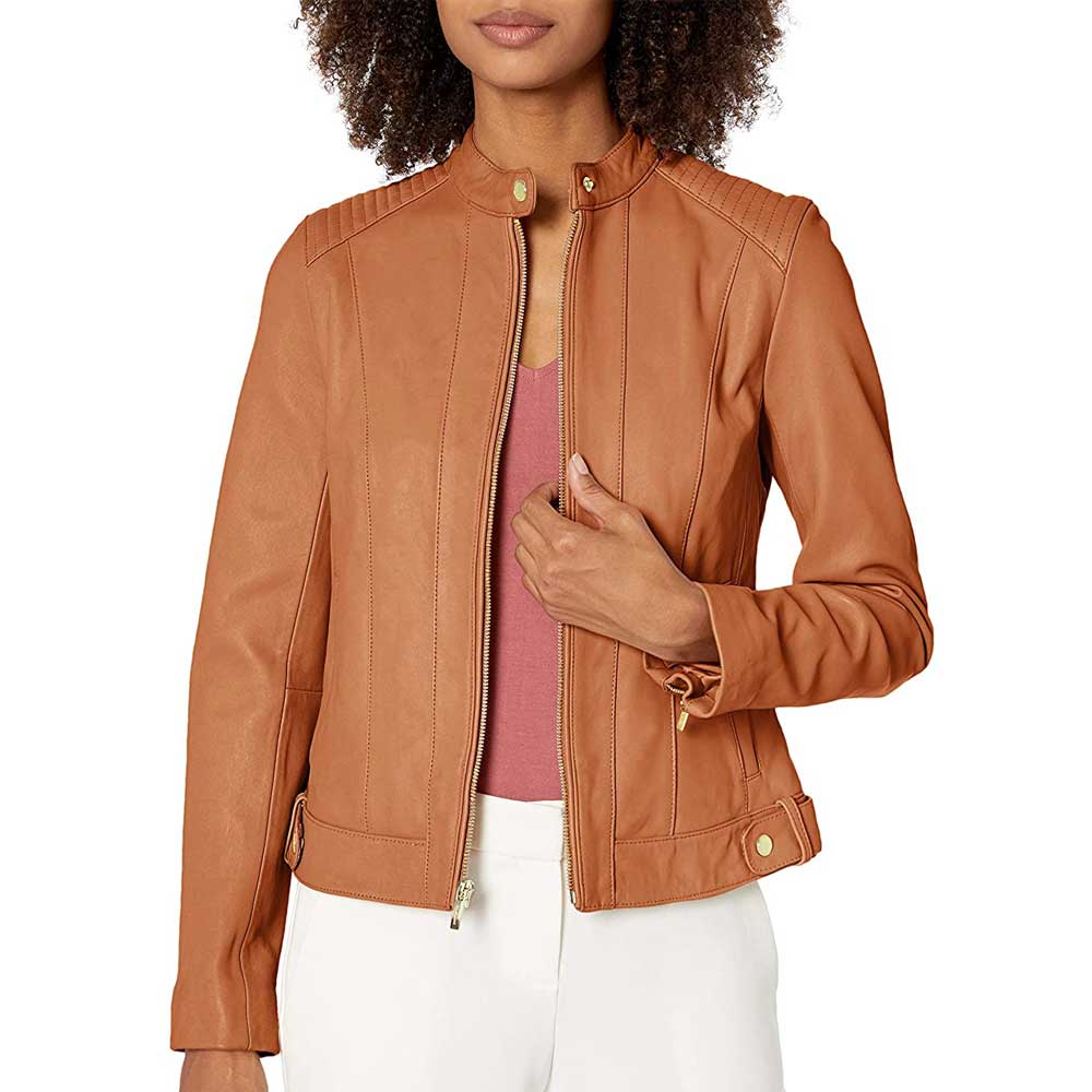 Quilted Leather Moto Jacket in Cognac - Women's Outerwear