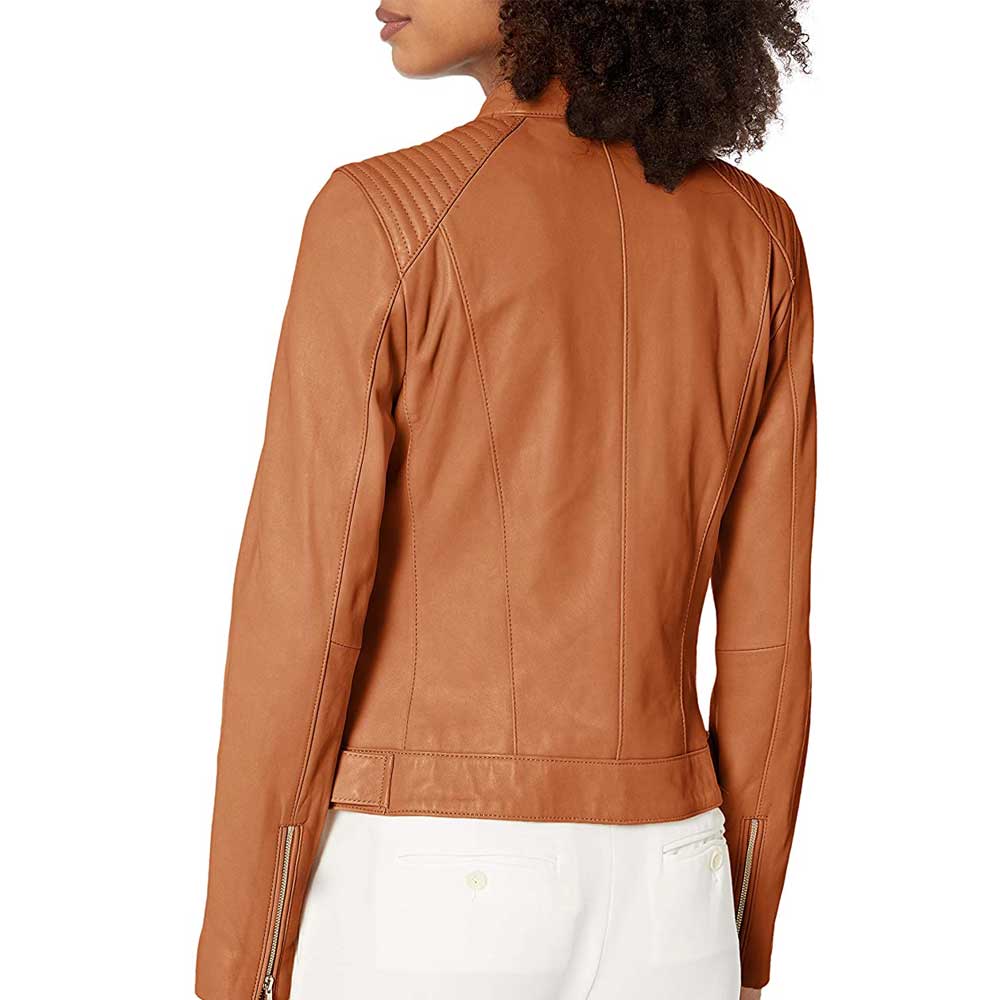 Cognac Leather Jacket with Quilted Shoulders - Women's Fashion