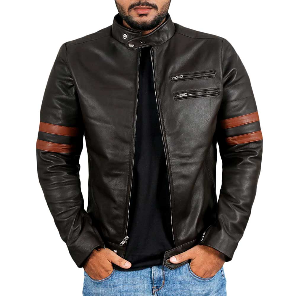Stylish dark brown leather jacket with stripes on sleeves