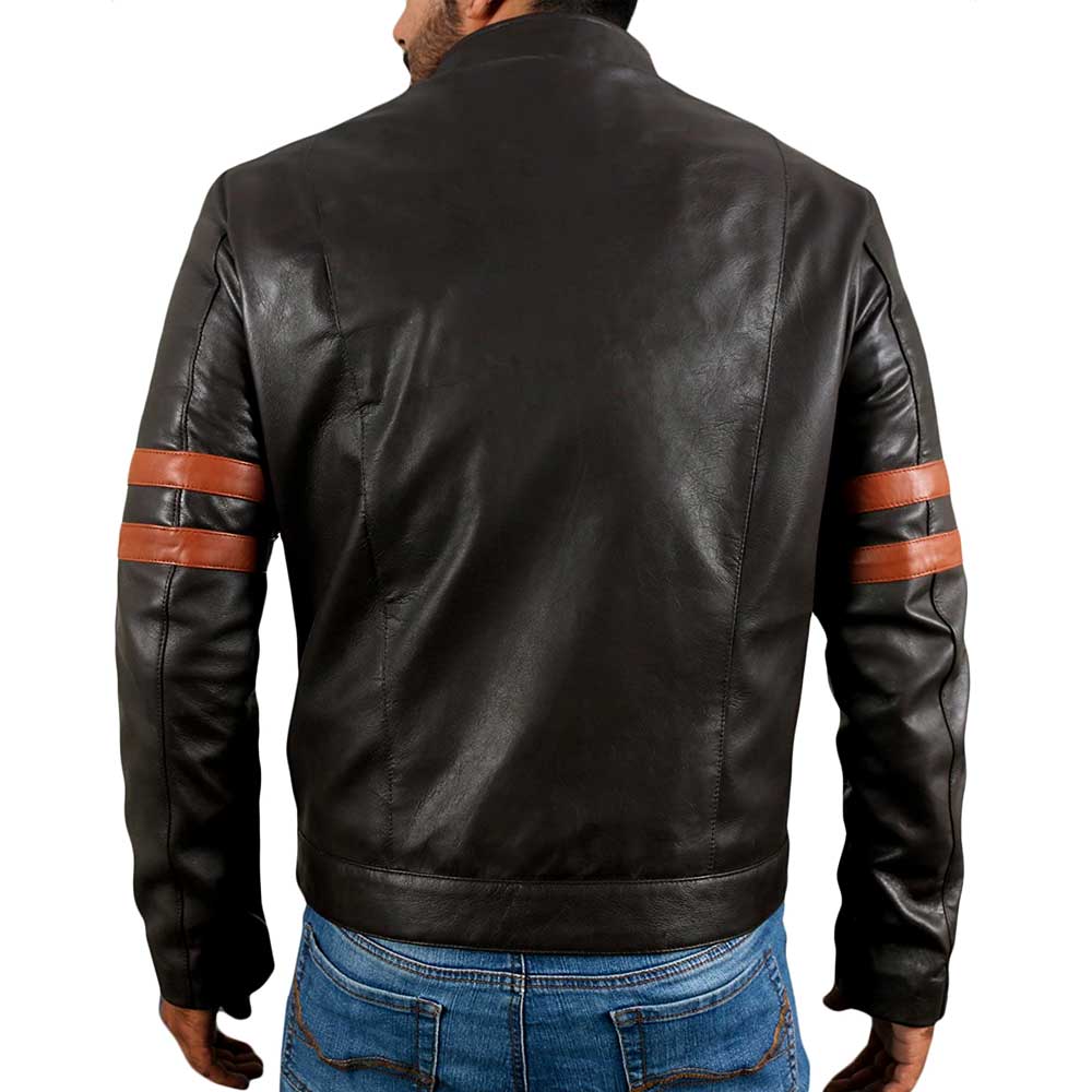 The backside of the leather jacket, that's has stripes on the sleeves