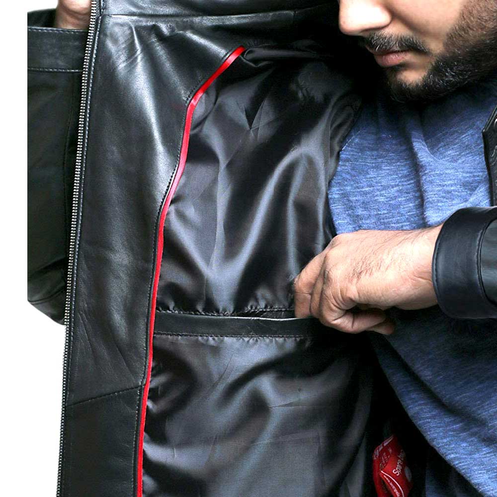 The polyester lining of dark brow biker leather jacket