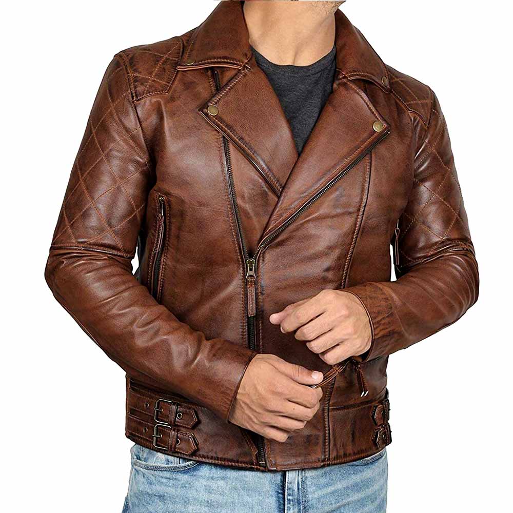Lapel collar leather jacket with distressed style