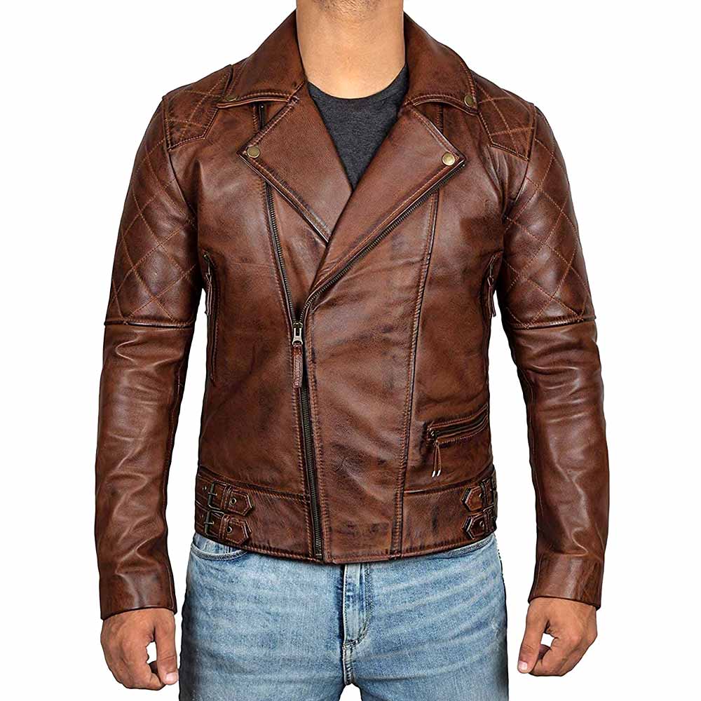 Brown distressed leather biker jacket