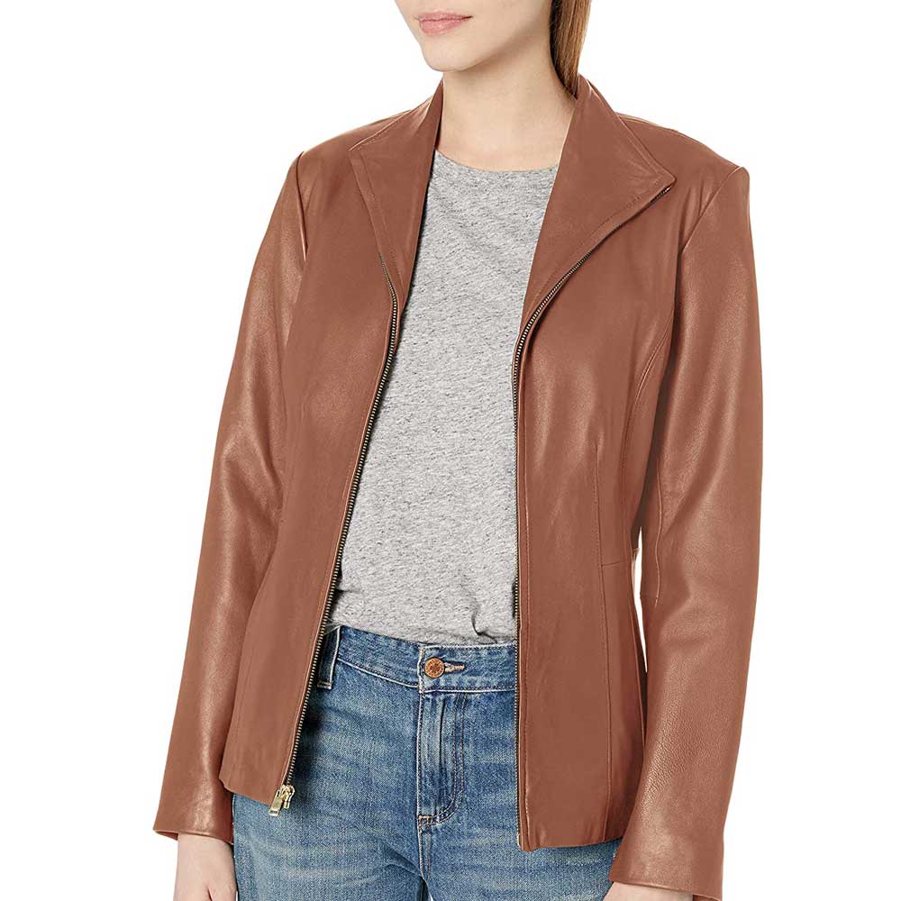Long cognac leather jacket for women - Front view showcasing wing collar and zipper closure