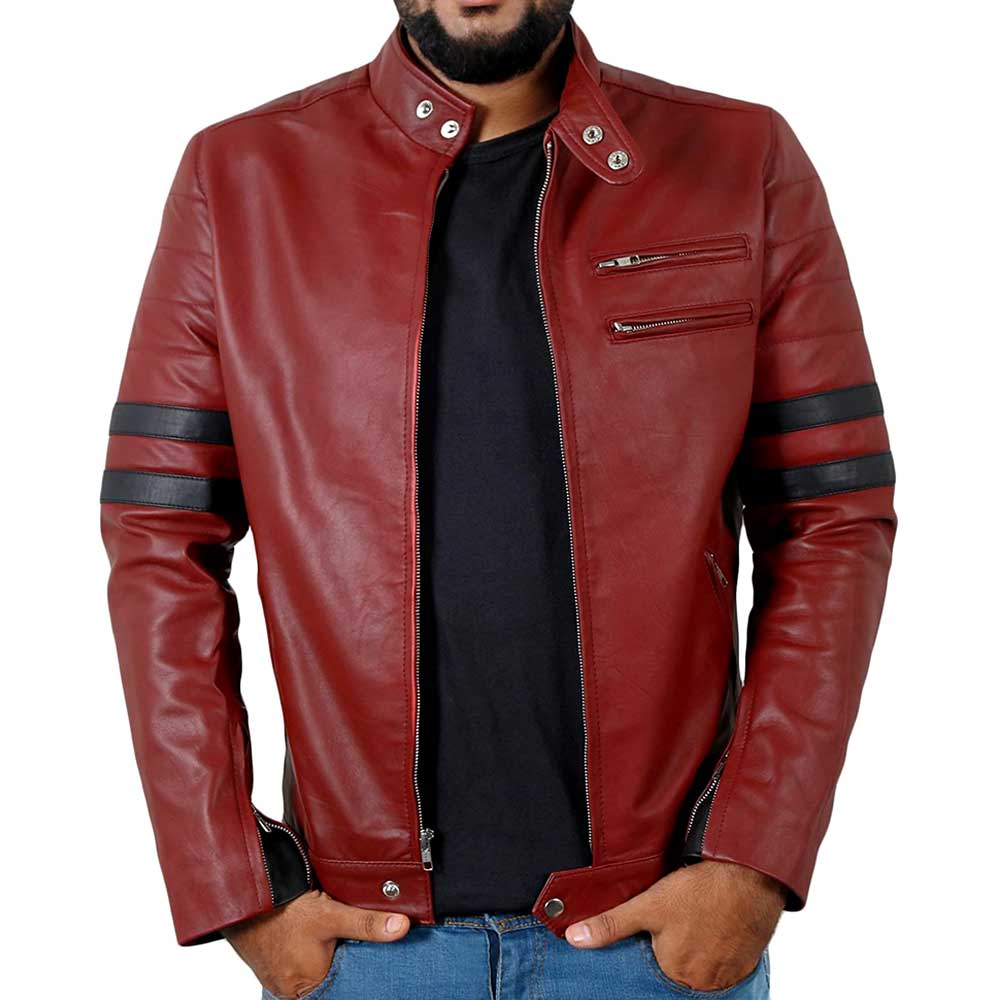 Maroon biker leather jacket with stripes on sleeves