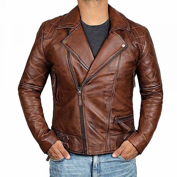distressed brown leather motorcycle jacket