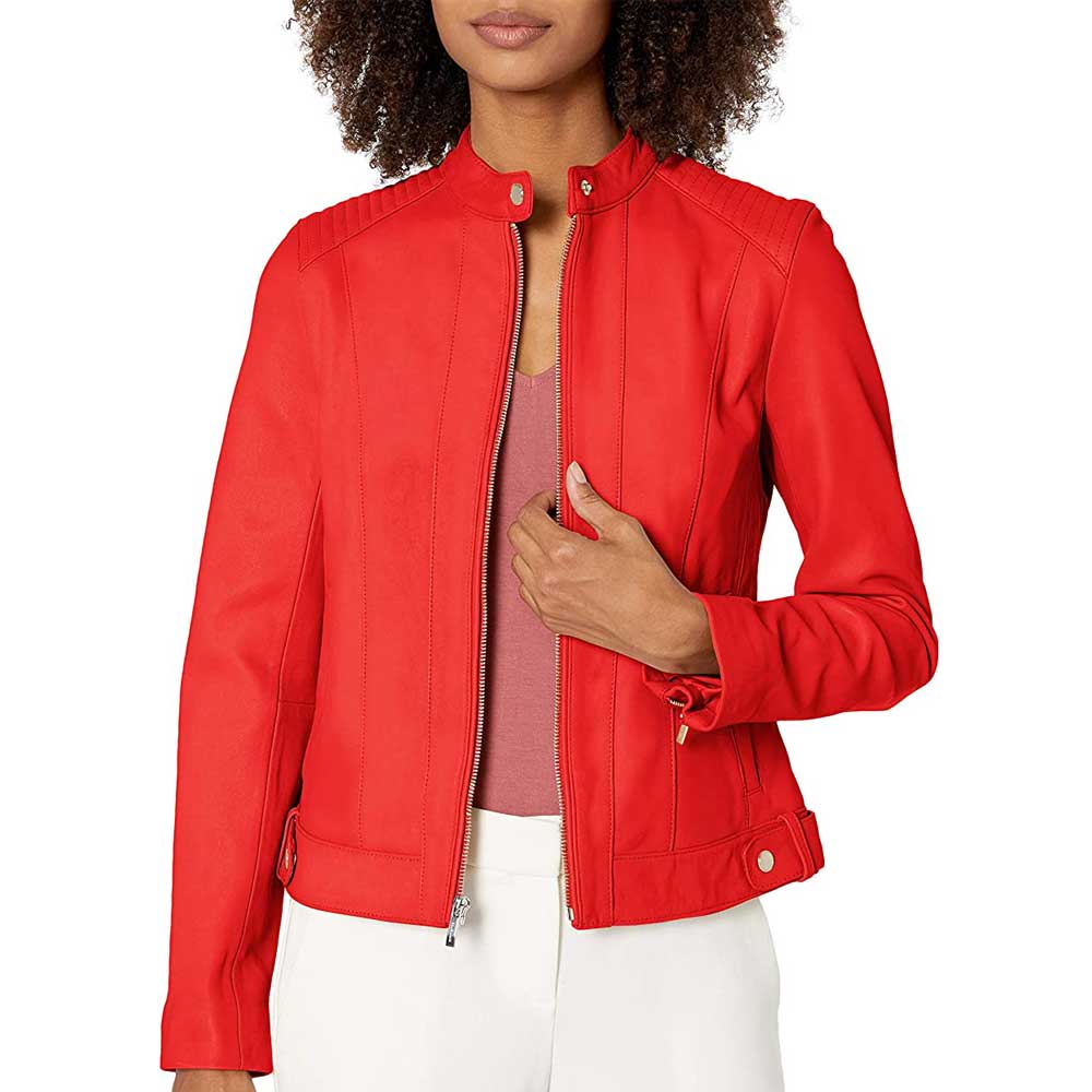 Stylish women's leather jacket with quilted shoulders and metallic zippers
