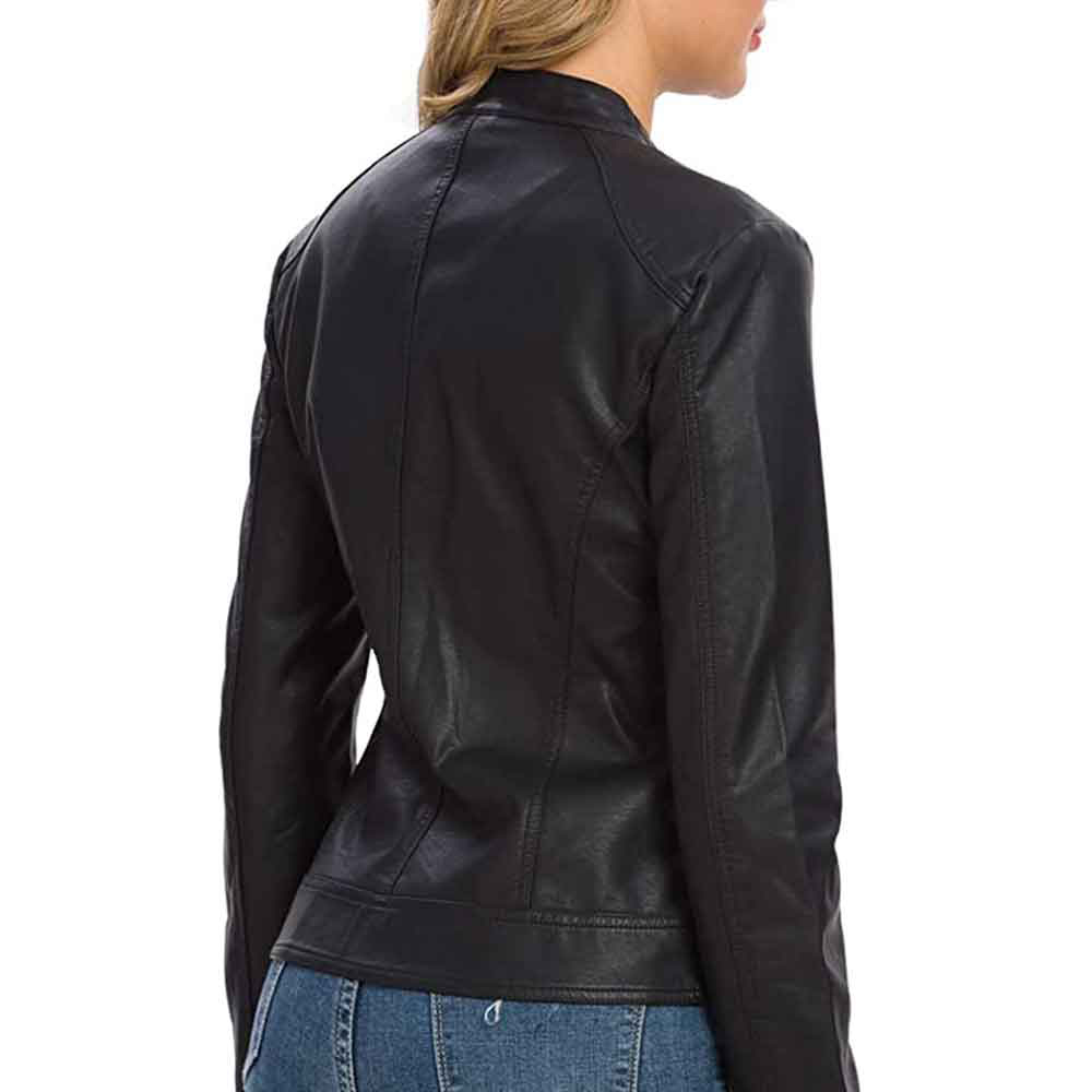 Close-up of stylish black leather jacket for women with zipper details
