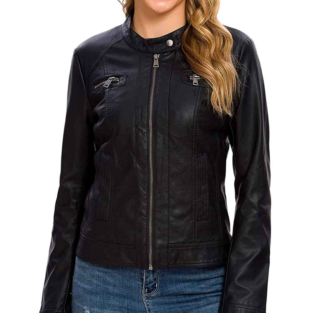 Side view of slim-fit black leather jacket for women