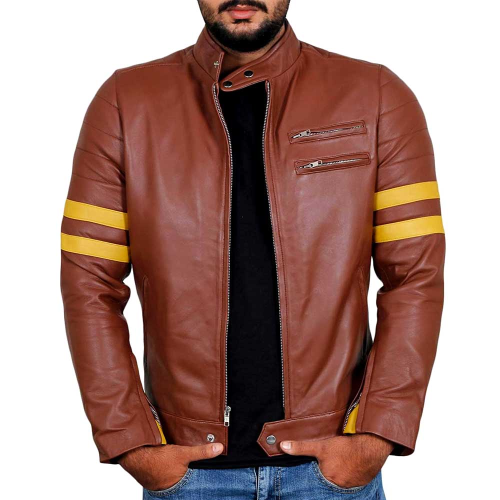 Styish tan biker leather jacket with stripes on sleeves