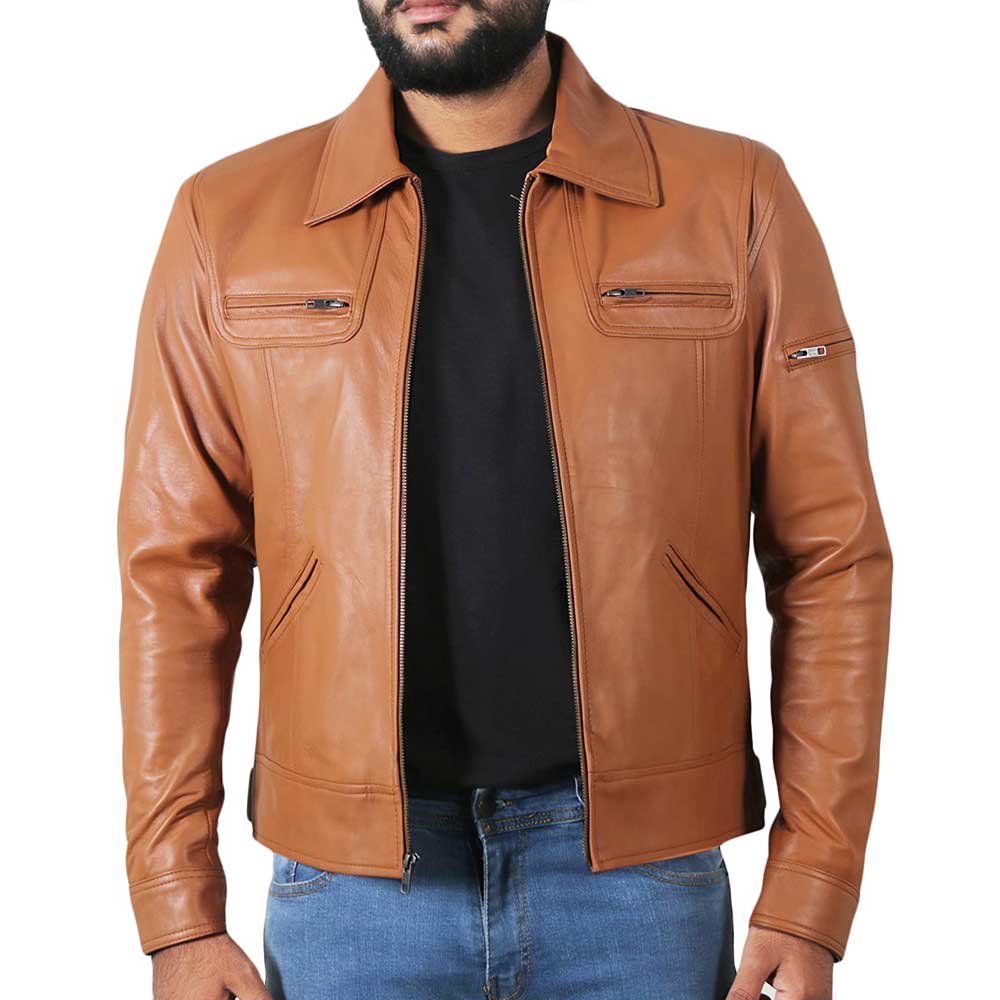 Vintage leather biker jacket for men, tan color, shirt collar, zipper chest pockets, and button cuffs.