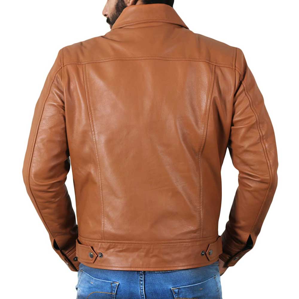 Shirt collar leather jacket for men, slim fit, tan color, zipper closure, side waist pockets, and soft viscose lining.