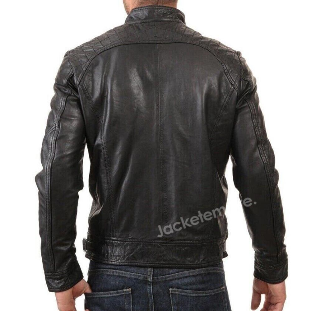 Men's Black Genuine Leather Motorcycle Jacket - Back Angle