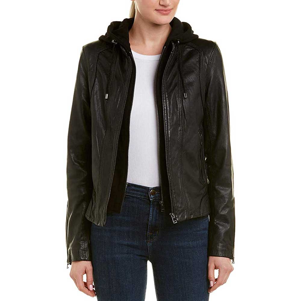 Black leather biker jacket with removable hood womens
