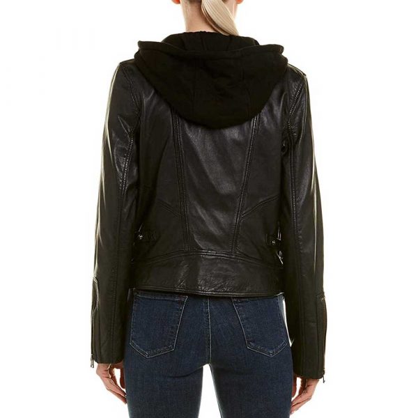 Black leather biker jacket with removable hood womens