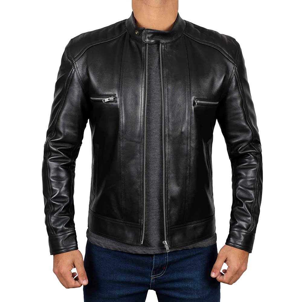 Black Real Lambskin Leather Moto Biker Jacket Men's - Jacket Empire