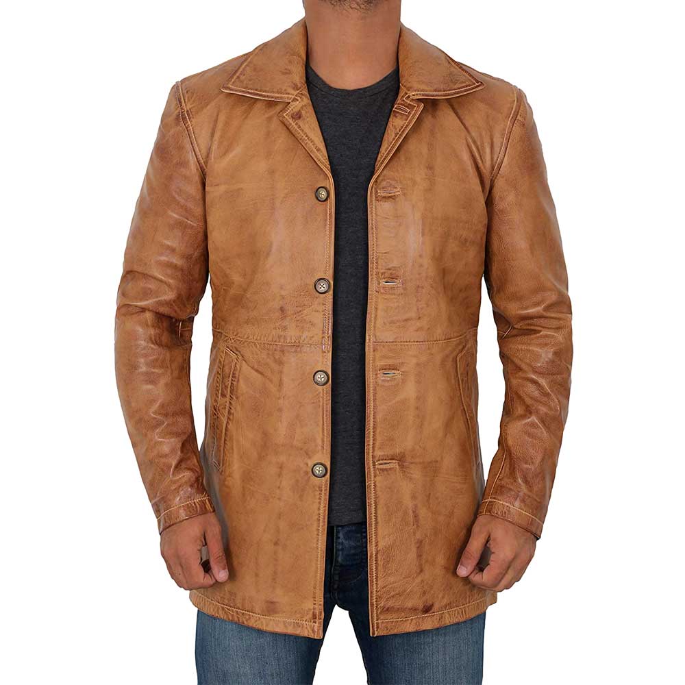 Brown Distressed Real Lambskin Leather Jacket Coat for Men