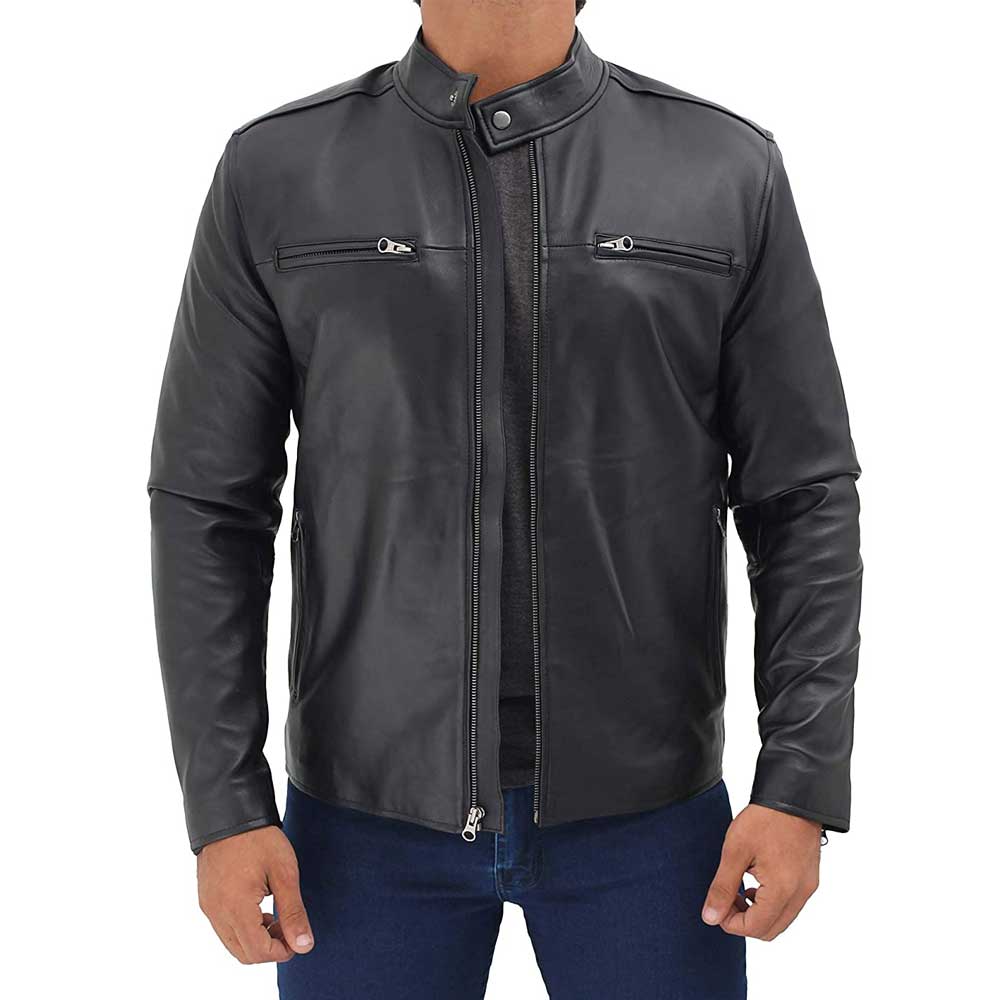 Clinton Black Real Lambskin Leather Moto Biker Jacket Men