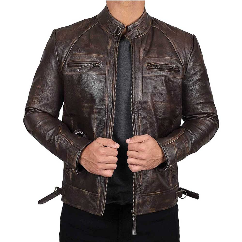 Dark brown cafe racer leather jacket men