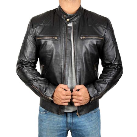Black Real Lambskin Leather Moto Biker Jacket Men - Jacket Empire