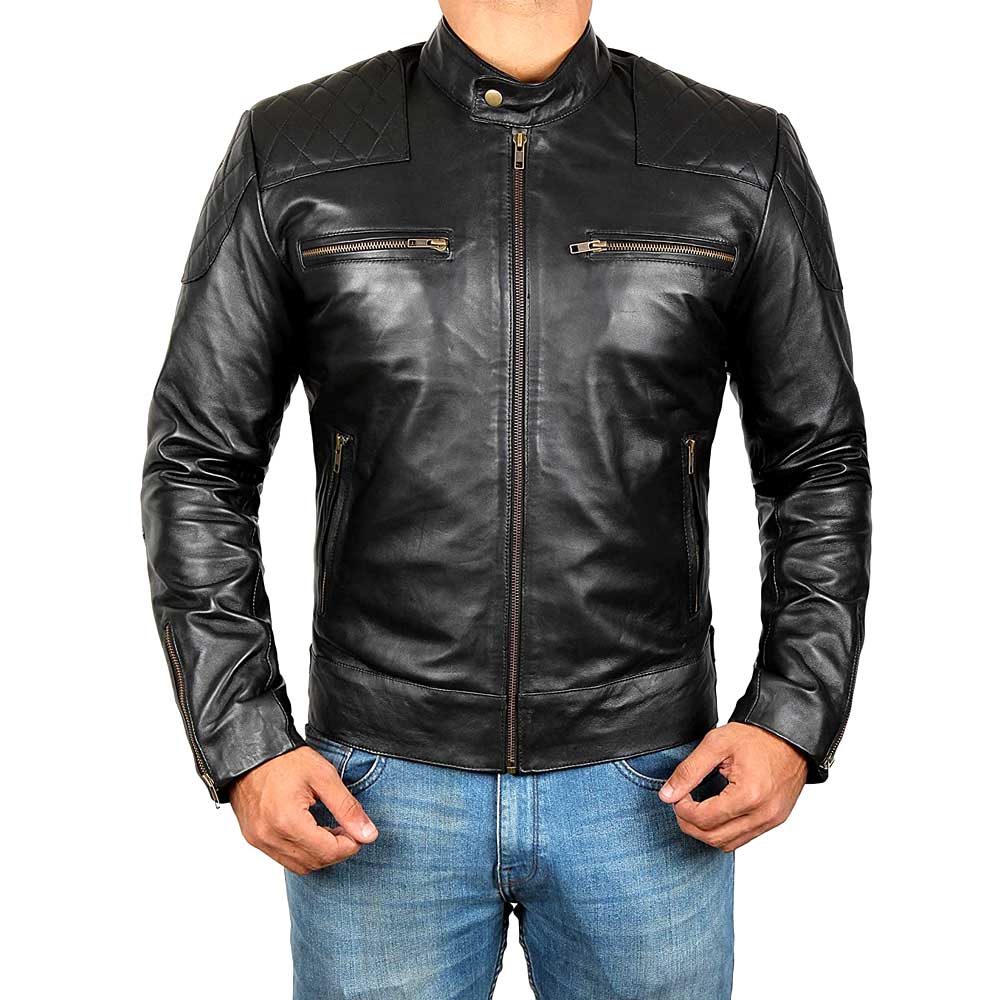 David Beckham Black Real Lambskin Leather Moto Biker Jacket Men