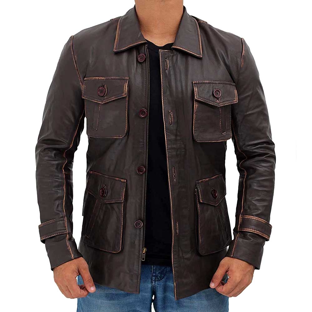 Distressed long brown leather jacket coat mens