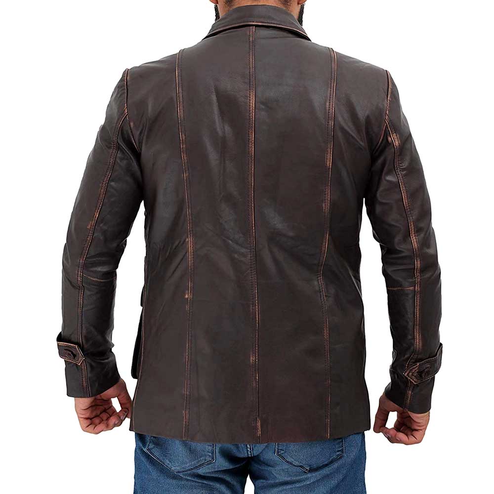Distressed long brown leather jacket coat mens