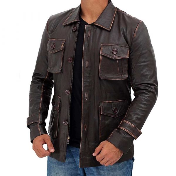 Distressed long brown leather jacket coat mens