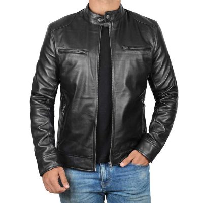 Dodge black fitted real leather biker jacket for men's