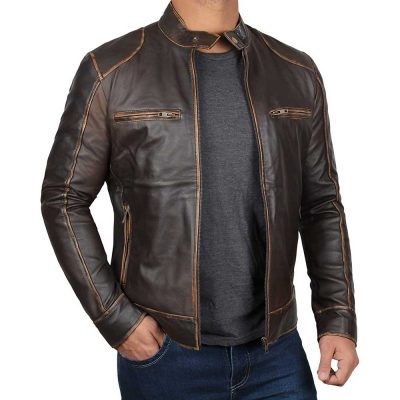 Dodge Brown Fitted Real Leather Biker Jacket for Mens
