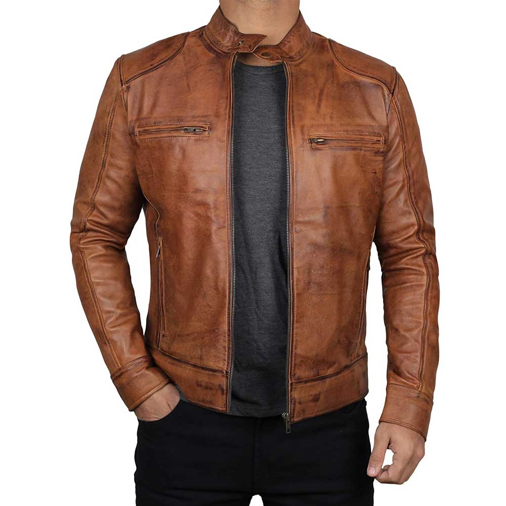 Dodge tan fitted real leather biker jacket men