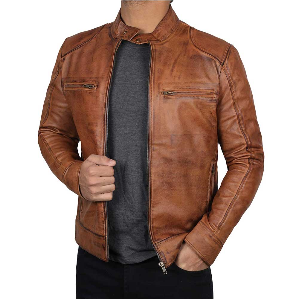 Dodge tan fitted real leather biker jacket men
