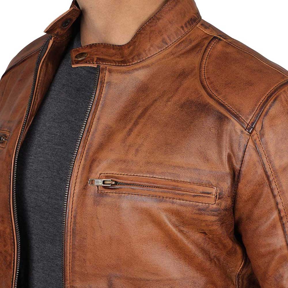 Dodge tan fitted real leather biker jacket men