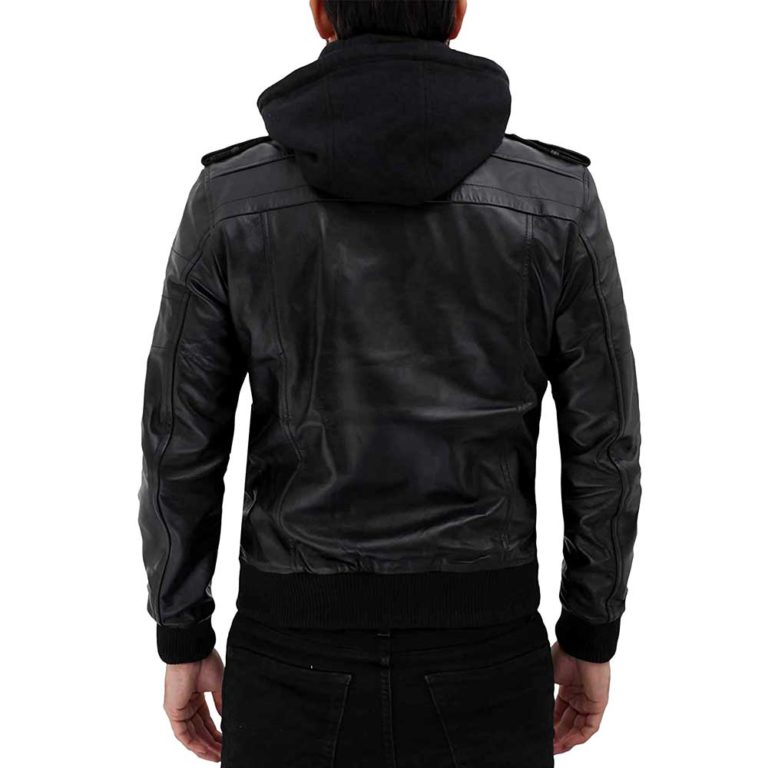 Black Leather Bomber Jacket With Removable Hood Men - Jacket Empire